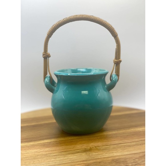 Vintage Stamped Handmade Swedish Teal Glazed Small Clay Pot with Wicker Handle - Picture 6 of 9